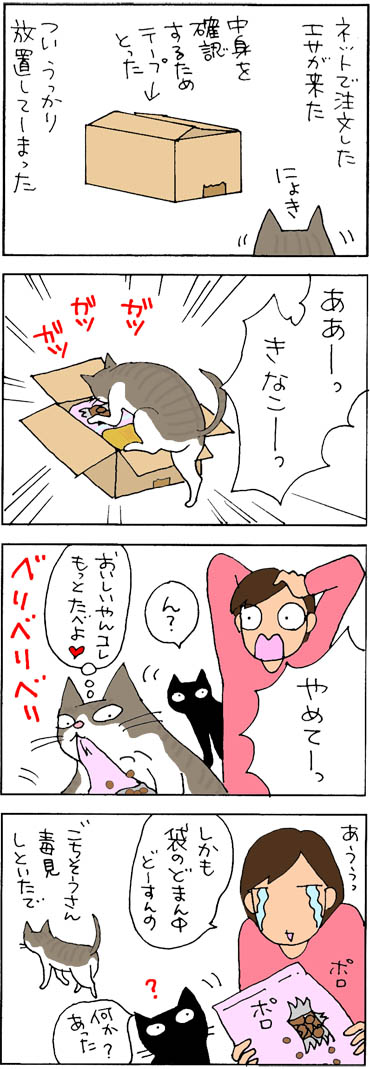 エサの袋を破るネコの4コマ漫画