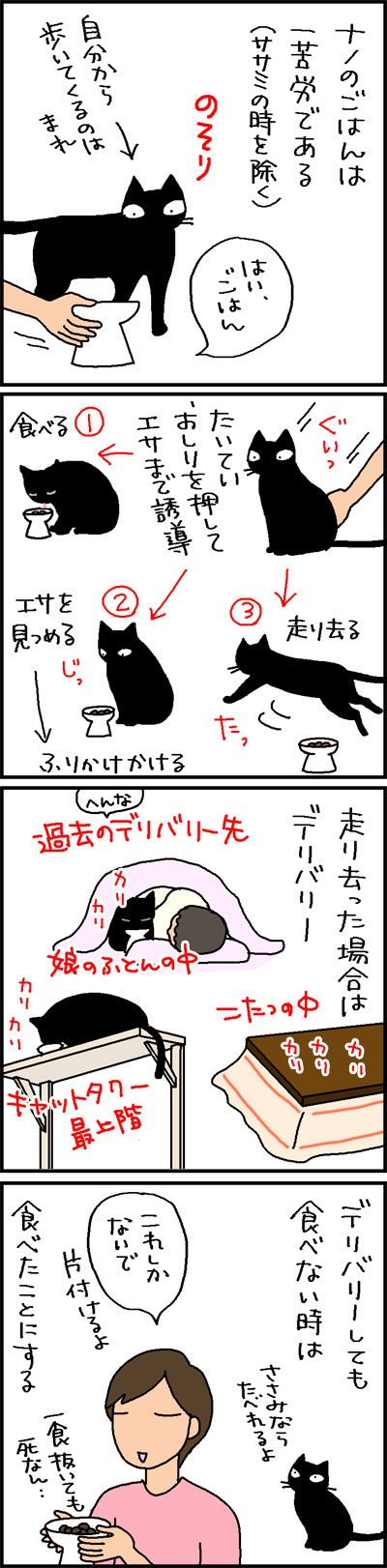 カリカリの食い付きが悪い猫の4コマ猫漫画