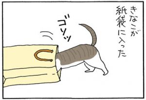 紙袋のネコをパンチする猫漫画